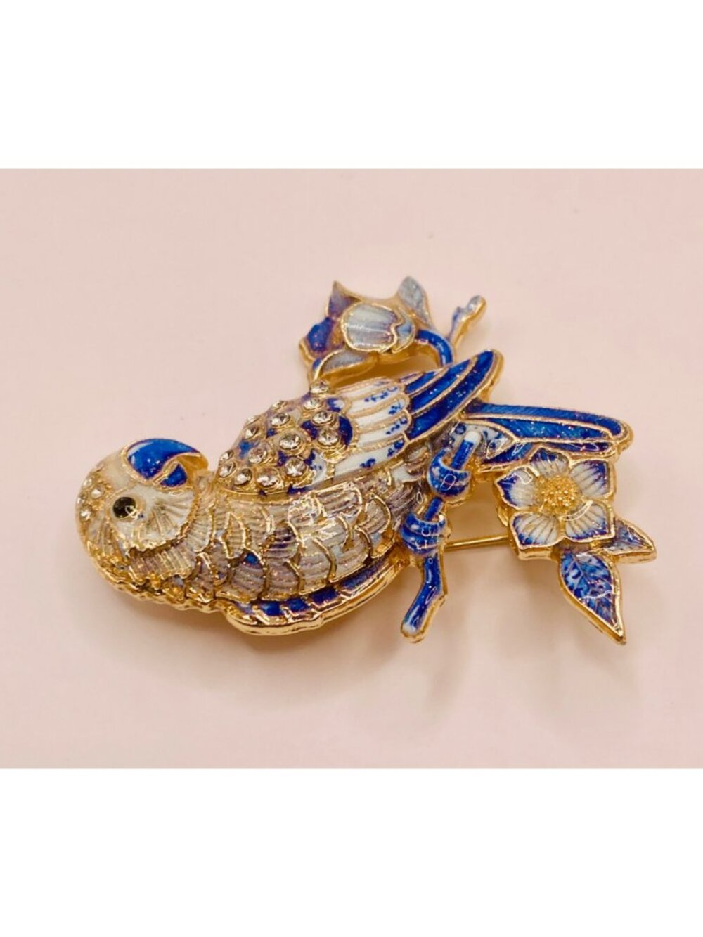 Blue & White Enamel Parrot Brooch Pin Floral Design Gold-Tone -32B - Picture 2 of 5
